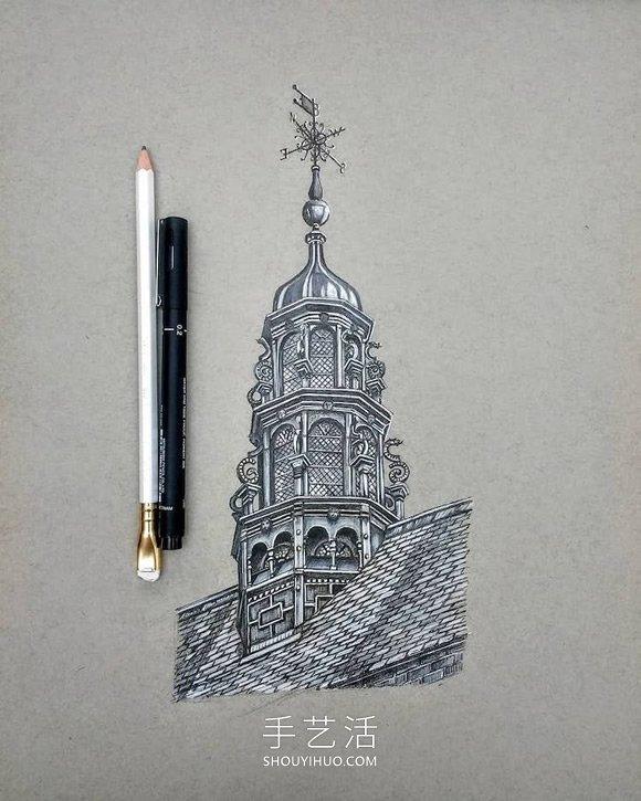 自学成才的艺术家素描精确而详尽的建筑图纸(图12)
