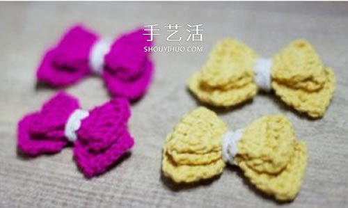 毛线蝴蝶结的编织方法 钩针编迷你蝴蝶结饰品(图5)