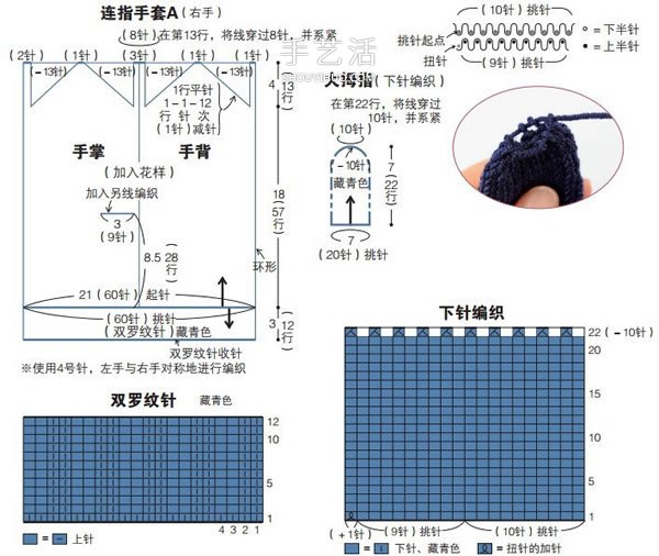用毛线编织带漂亮花纹的连指手套织法图解(图3)