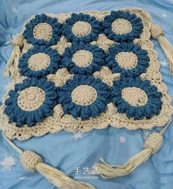 方形带流苏坐垫的钩法图解 双色向日葵图案~(图6)