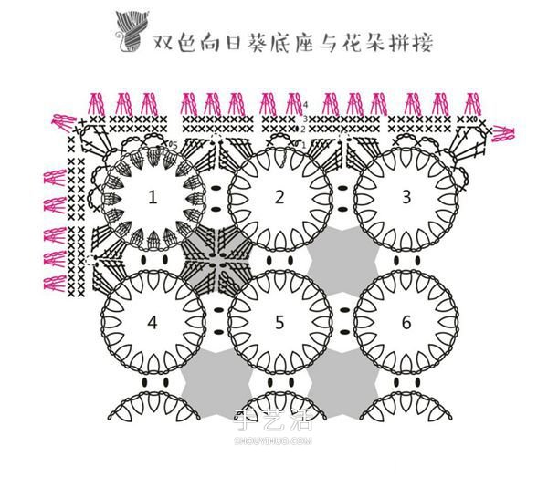 方形带流苏坐垫的钩法图解 双色向日葵图案~(图3)
