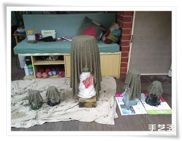 旧毛巾废物利用做花盆 水泥毛巾花盆手工制作(图13)