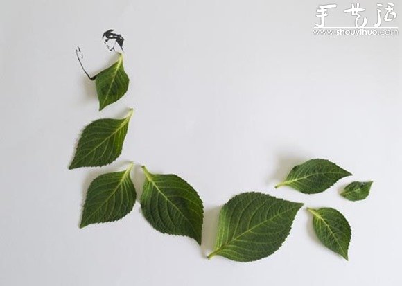 简单插图与叶子的摆放 DIY穿连衣裙的女人(图6)
