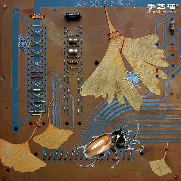 掉落叶子与电子垃圾DIY制作环保艺术作品 - 诺云双维造物网