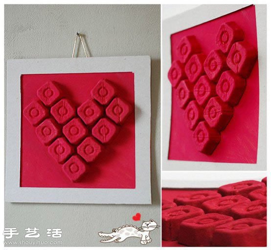 蛋托变废为宝制作立体的心形装饰画(图1)