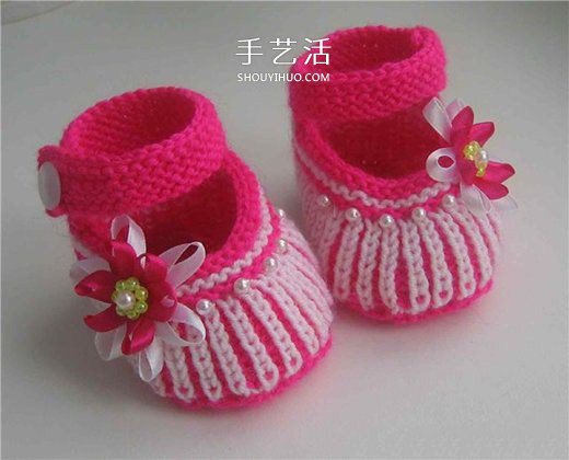 女宝宝保暖毛线鞋编织图解 带扣带和花朵装饰(图14)