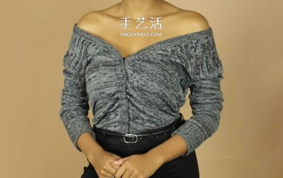 普通开衫毛衣改造 DIY露肩皱褶上衣的方法(图11)